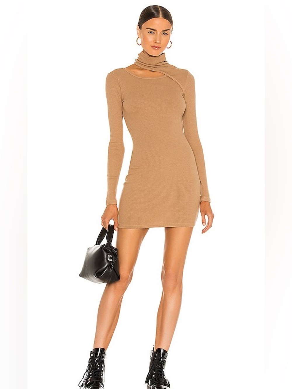 Revolve MONROW Turtleneck Long Sleeve Cutout Ribbed Mini Dress Latte Lg NWT